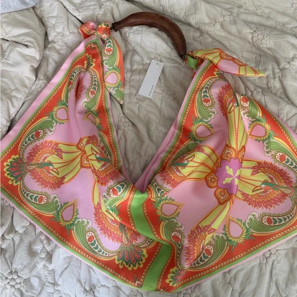 Street Level Pink Orange Green Paisley Shoulder Bag with Wooden Handle - Picture 2 of 4